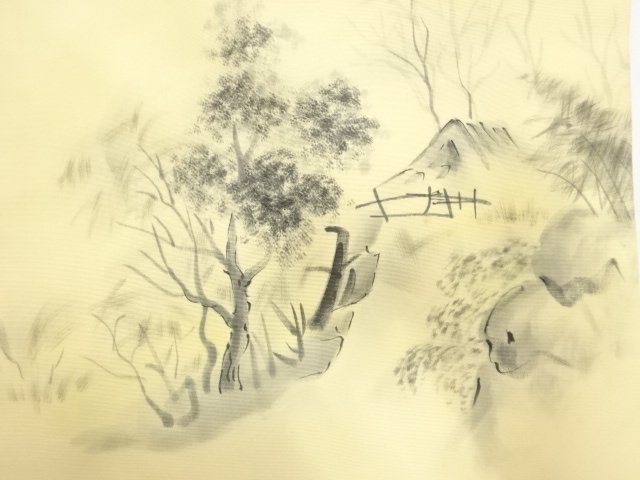 JAPANESE KIMONO / ANTIQUE SHIOZE HAND-PAINTED RURAL LANDSCAPE PATTERN 